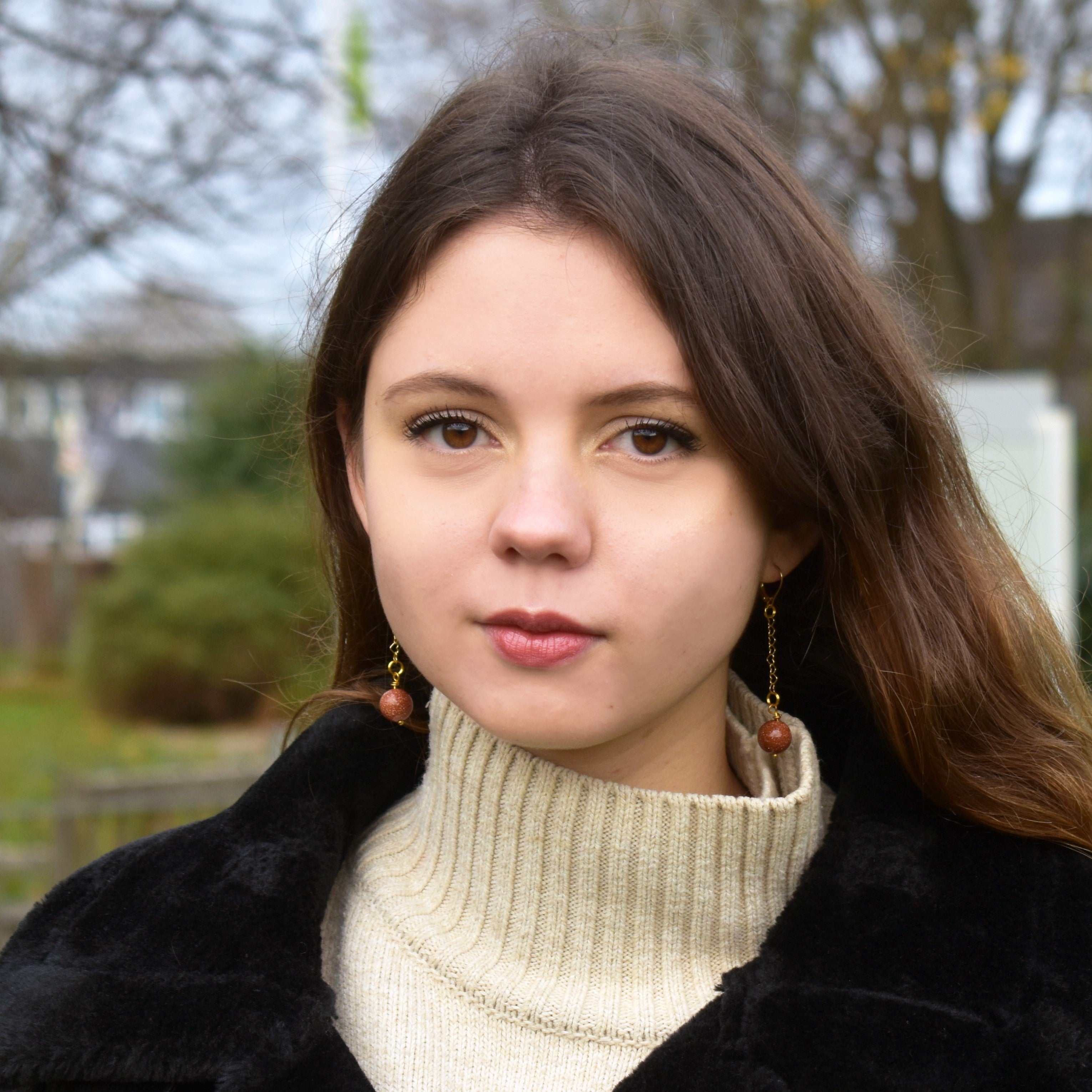Brown Goldstone and Yellow Gold Vermeil Earrings, Heart Chain Earrings, Bloom Collection  | by nlanlaVictory